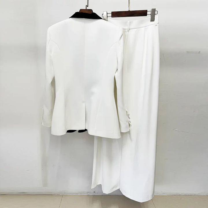 Satin Lapel 3D Floral Decor Blazer &amp; Wide Leg Floor Pants 2-Piece Suit Set