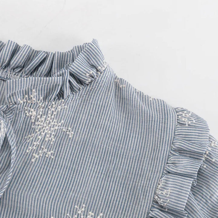 Embroidery Ruffle Tie Neck Puff Sleeve Crop Top &amp; Wide Leg Pants 2-Piece Loungewear Set