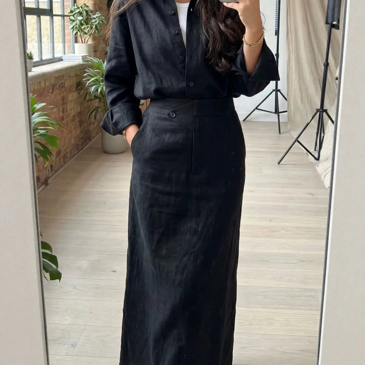 Fashionable Lapel Collar Loose-Fit Long-Sleeve Shirt And High-Waist Skirt Set