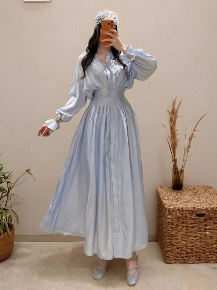 Puff Long Sleeve Gathered Waist Button Front Flowy Dress