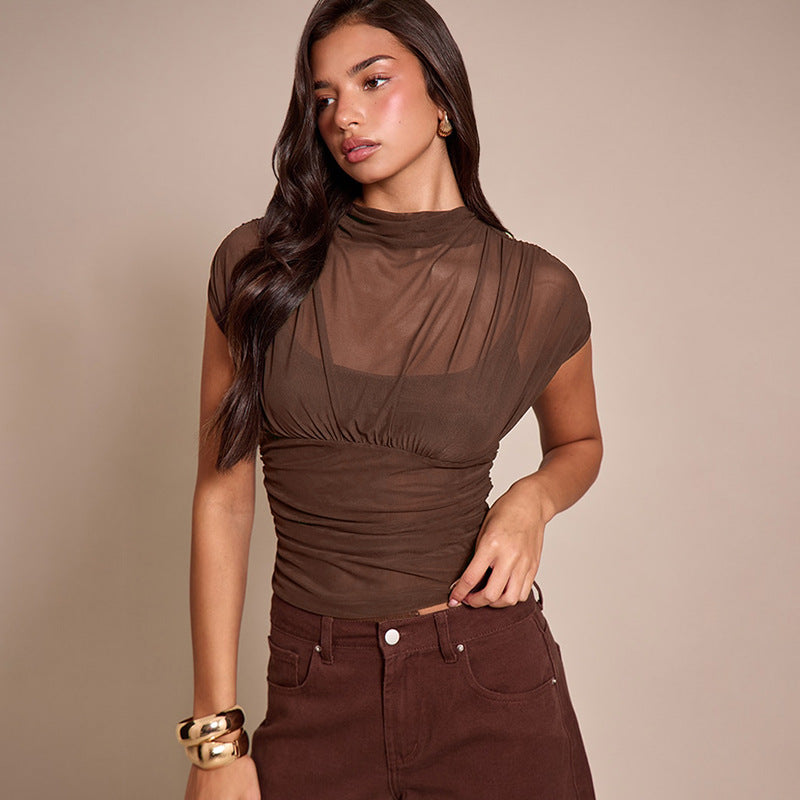 Solid-color Crew-neck Sleeveless Mesh Fitted Top