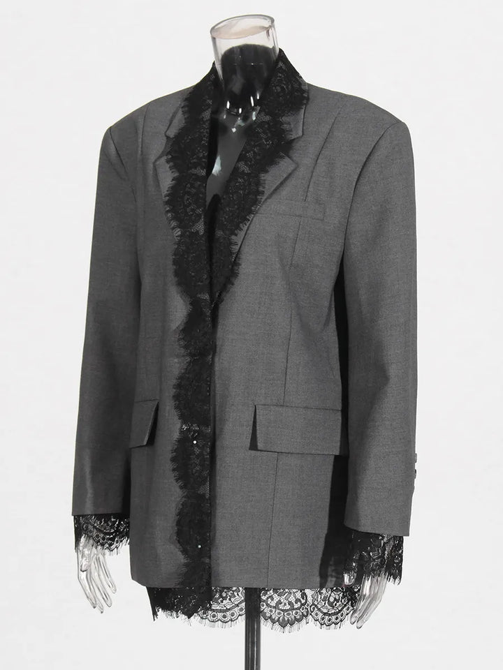 Elegant Grey Blazer Featuring A Lace-paneled Embroidered Lapel