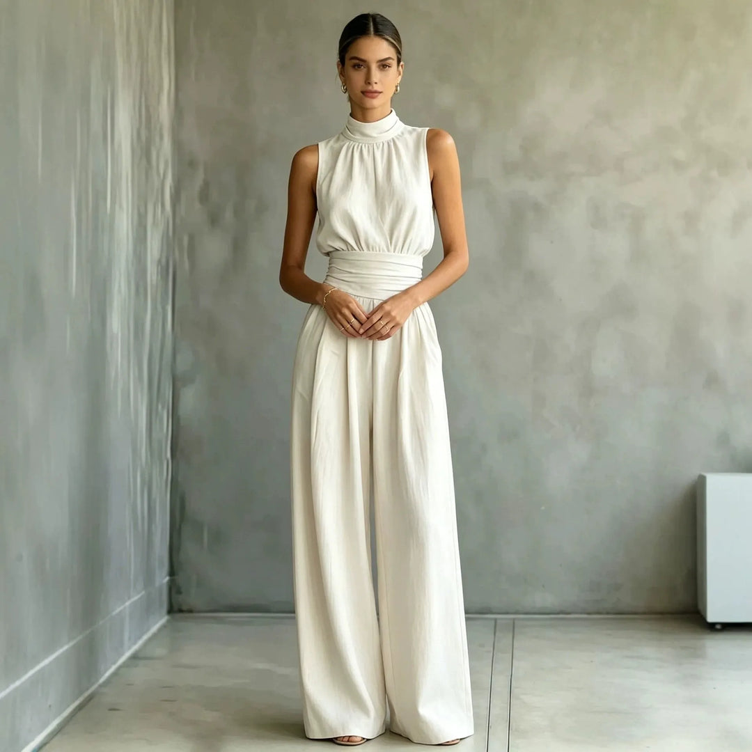 Sleeveless Mock-neck Solid-color Casual Wide-leg Jumpsuit