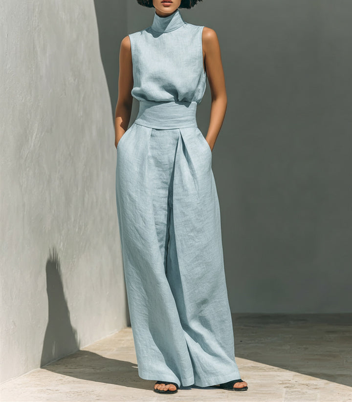 Casual Sleeveless Suit Summer Stand-up Collar Pullover Top And Loose Straight-leg Trousers