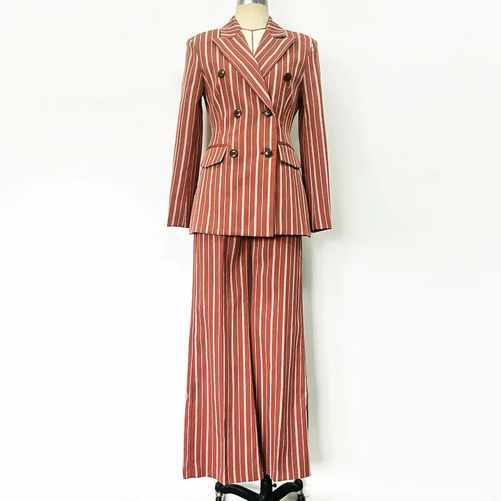 Erracotta White Vertical Stripe Double Breasted Blazer &amp; Wide Leg Floor Pants 2-Piece Suit Set