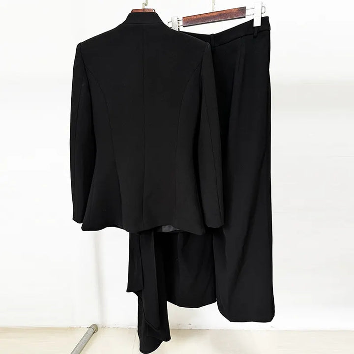Stand Collar Pleated Front Pearl Buckle Draped Blazer &amp; Wide Leg Floor Pants 2-Piece Suit Set