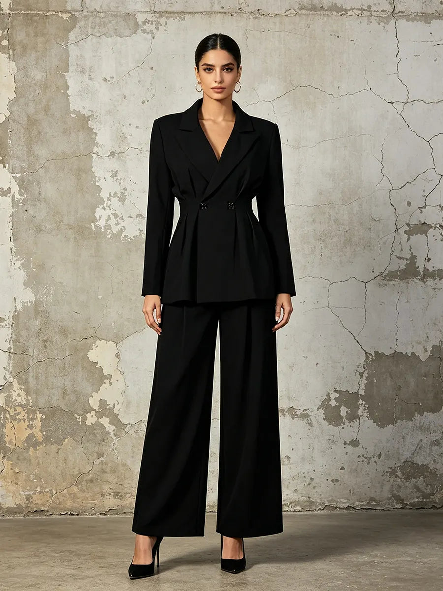 Solid-color Long-sleeve Fitted Blazer & High-waisted Straight-leg Trousers Set