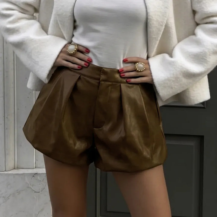 Stylish Solid-color Faux Leather Paper-bag Shorts