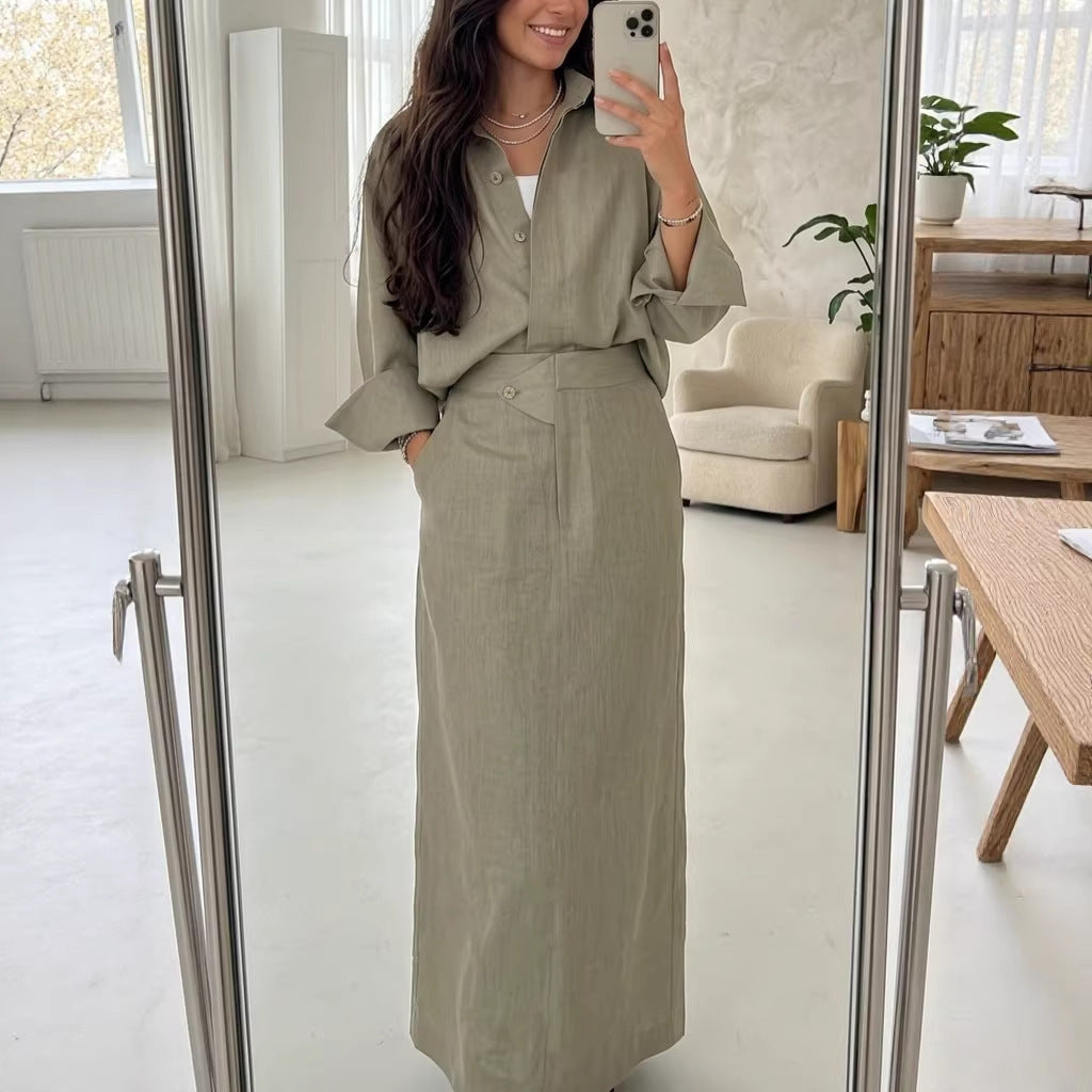 Fashionable Lapel Collar Loose-Fit Long-Sleeve Shirt And High-Waist Skirt Set