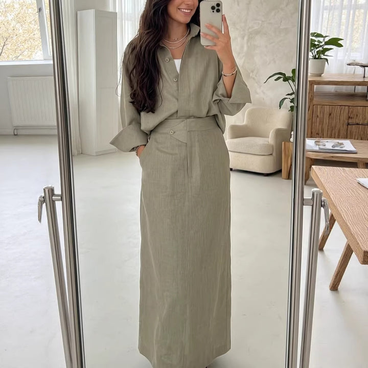 Fashionable Lapel Collar Loose-Fit Long-Sleeve Shirt And High-Waist Skirt Set