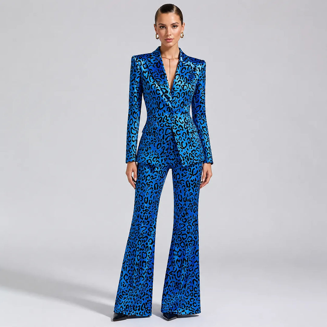 Leopard Print Single Button Blazer & Flared Floor Pants 2-Piece Suit Set