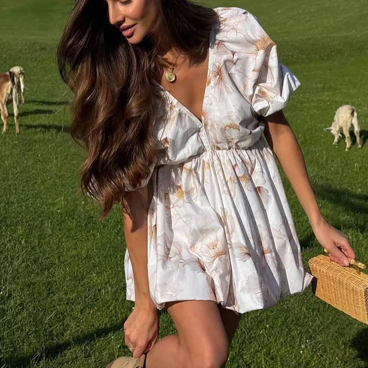 Sexy Open-Back V-Neck Puff-Sleeve Tie-Waist Dress