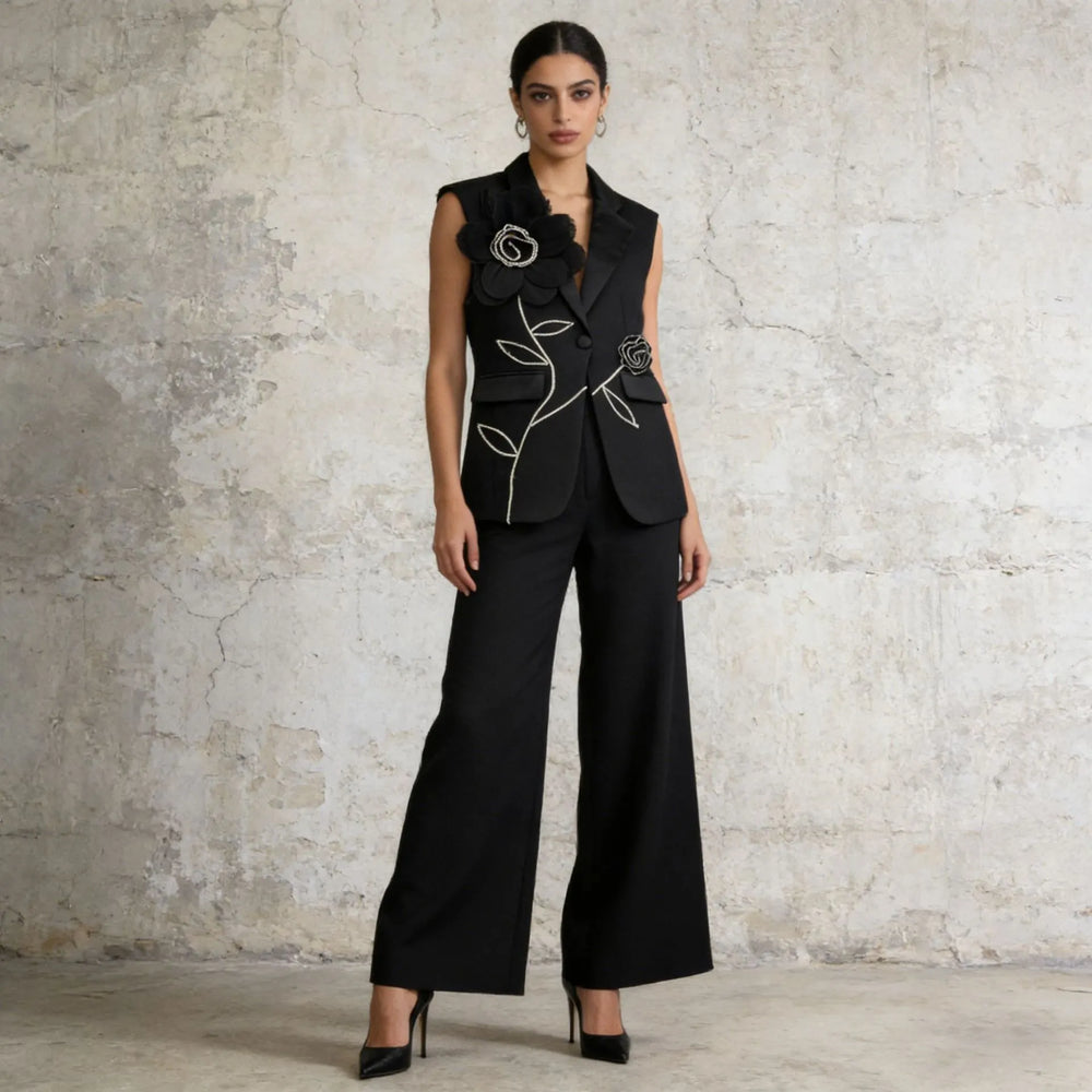 Tailored Sleeveless Blazer Vest & Wide Leg Trousers 2 Piece Floral Embroidery Suit Co-ord