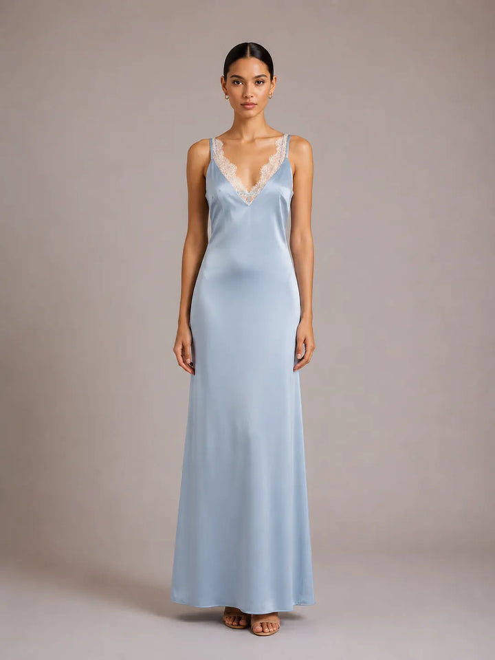 Lace Trim V-Neck Spaghetti Strap Maxi Slip Dress