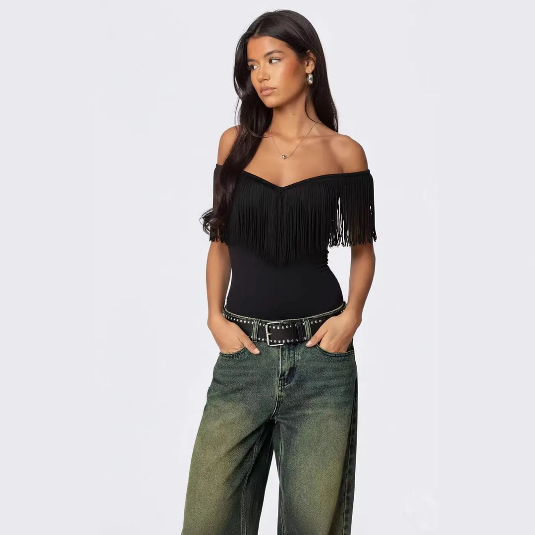 Casual Street-style Tassel Off-shoulder Top With A Unique Vibe