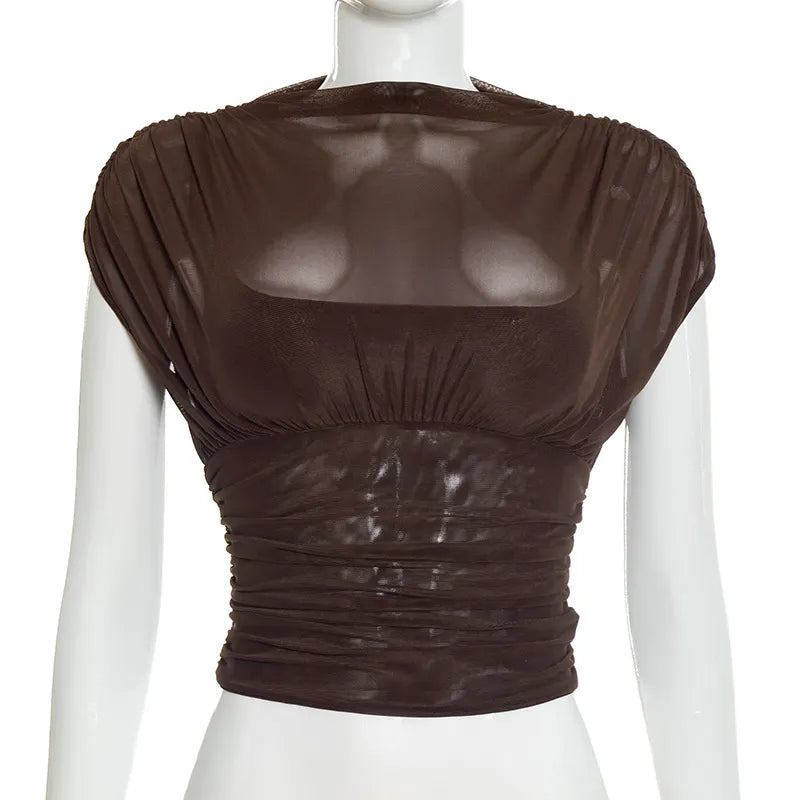 Solid-color Crew-neck Sleeveless Mesh Fitted Top