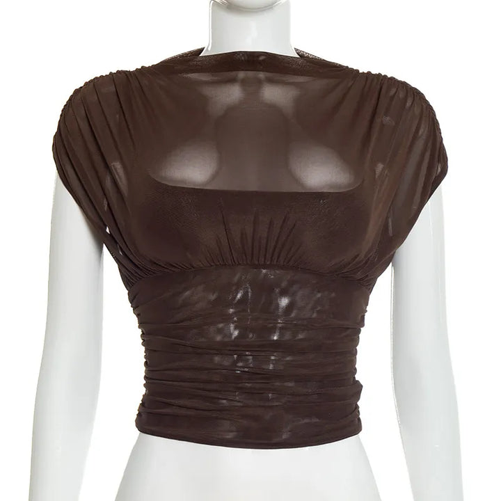 Solid-color Crew-neck Sleeveless Mesh Fitted Top