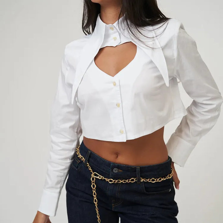 Pointed Collar Heart Cutout Long Sleeve Crop Shirt