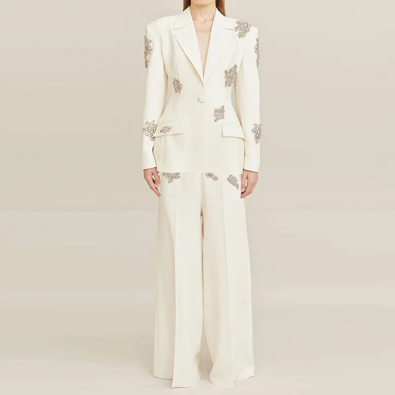 New Diamond-embedded One Button Suit Coat Wide-leg Pants Suit Two Pieces