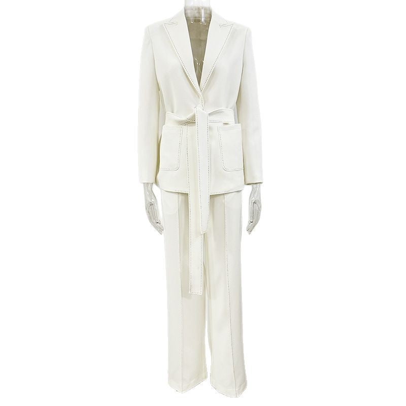 Belted Blazer &amp; Wide Leg Pants 2-Piece Black Suit Set