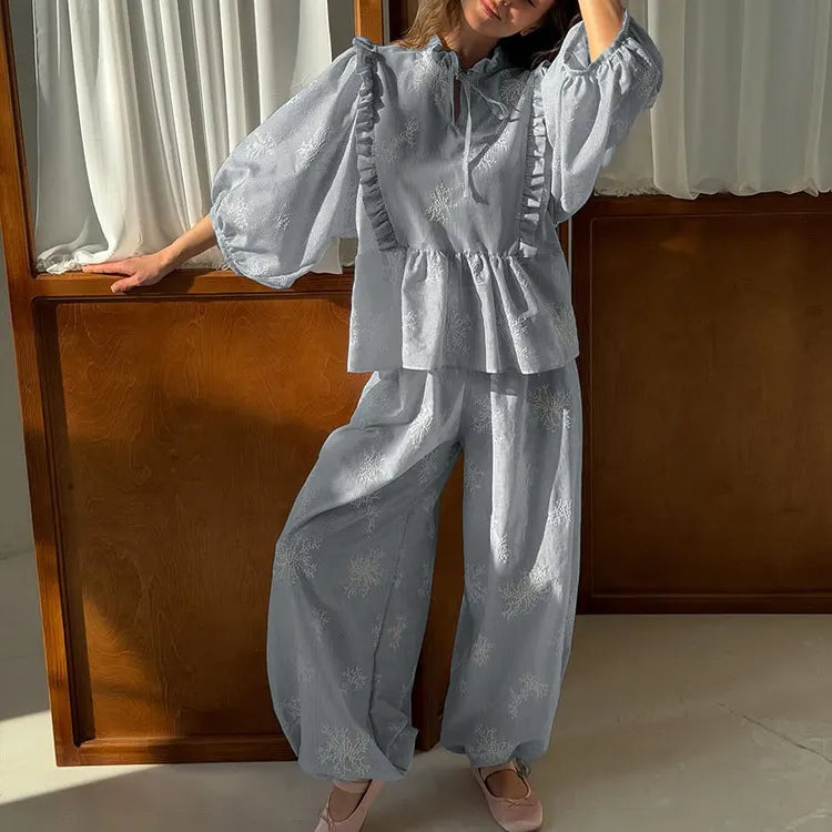 Embroidery Ruffle Tie Neck Puff Sleeve Crop Top & Wide Leg Pants 2-Piece Loungewear Set