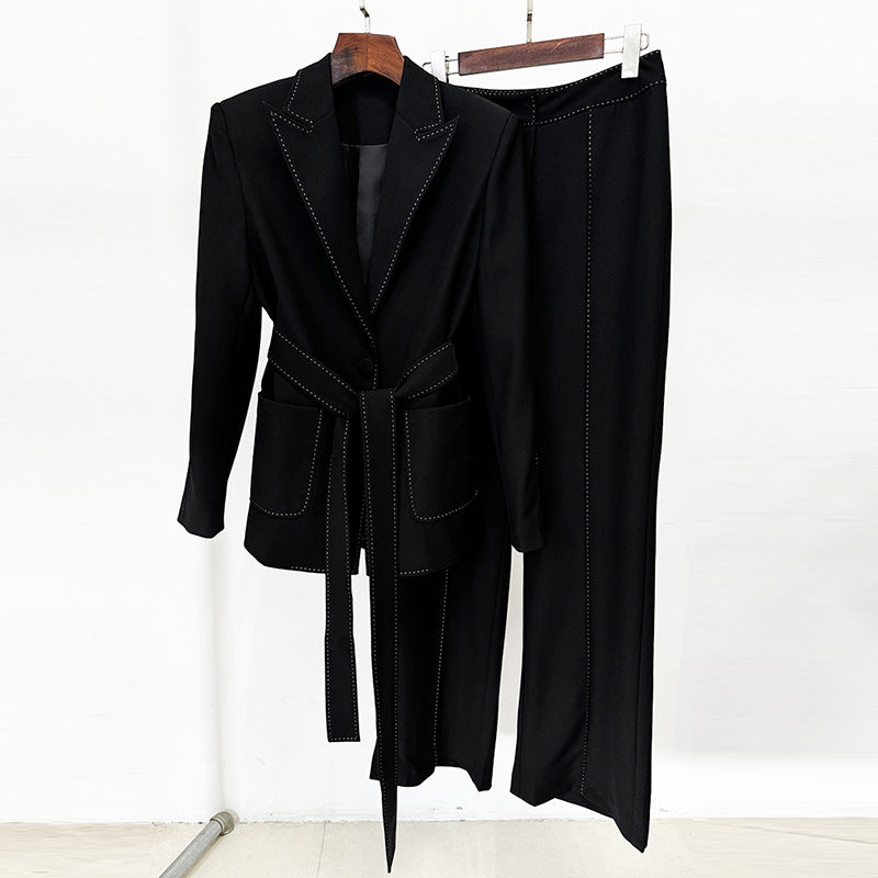 Belted Blazer &amp; Wide Leg Pants 2-Piece Black Suit Set