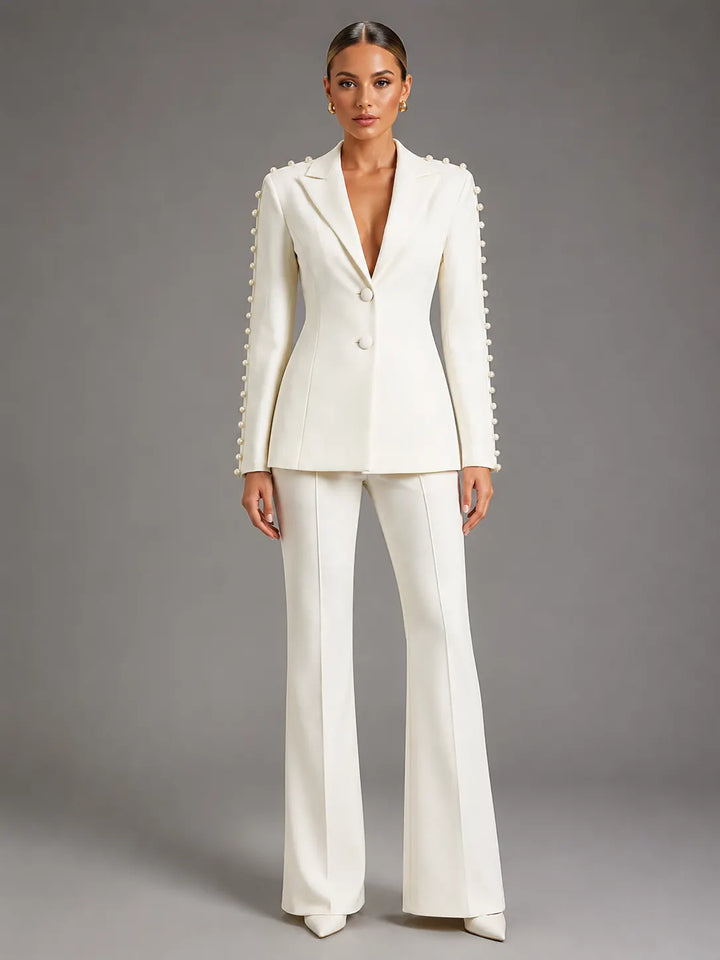 Pearl Embellished Peak Lapel Blazer &amp; High Waist Full Flare Suit Trousers 2-Piece Set