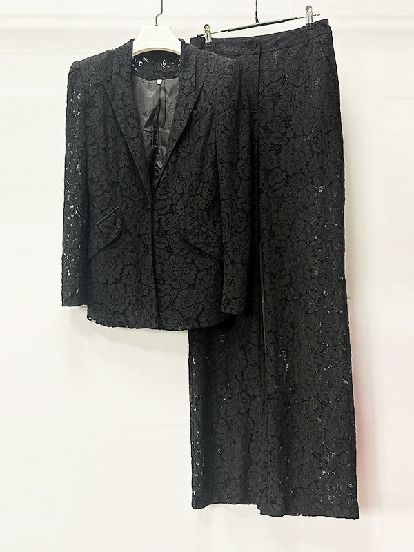 Floral Lace Single Button Blazer &amp; High Waist Wide Leg Pants 2-Piece Suit Set