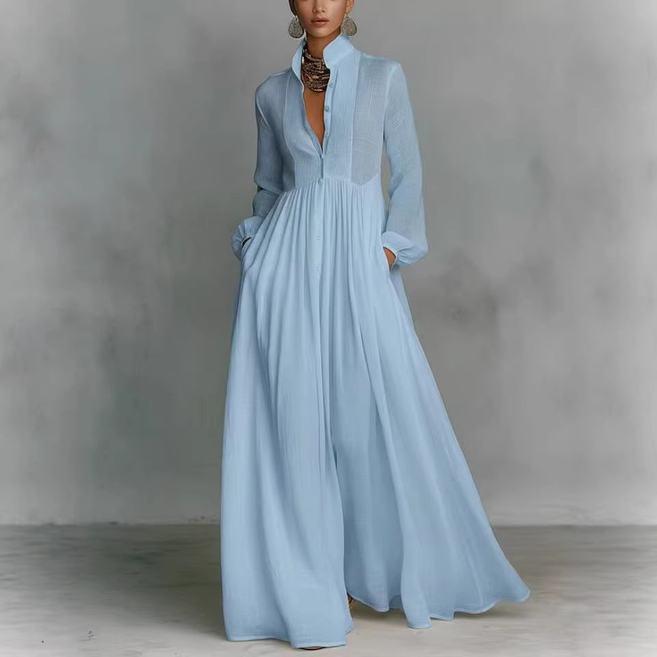 Casual Long-Sleeve Pleated Dress with Cinched Waist