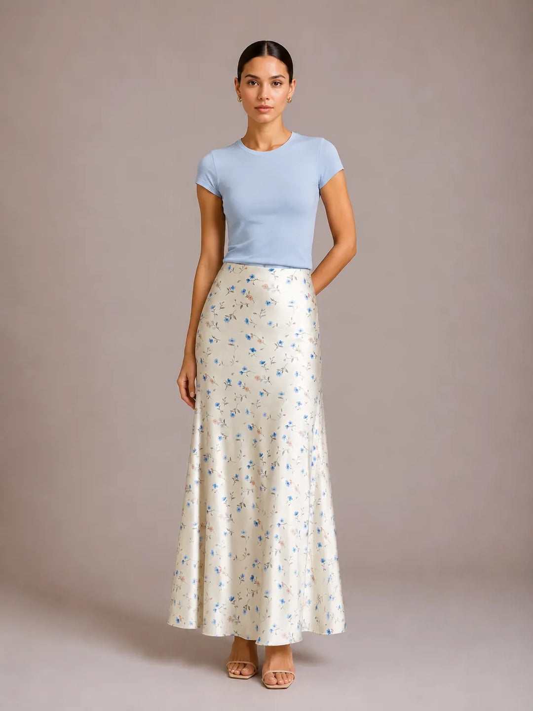 Base Ditsy Floral Print High Waist Satin Mermaid Midi Slip Skirt