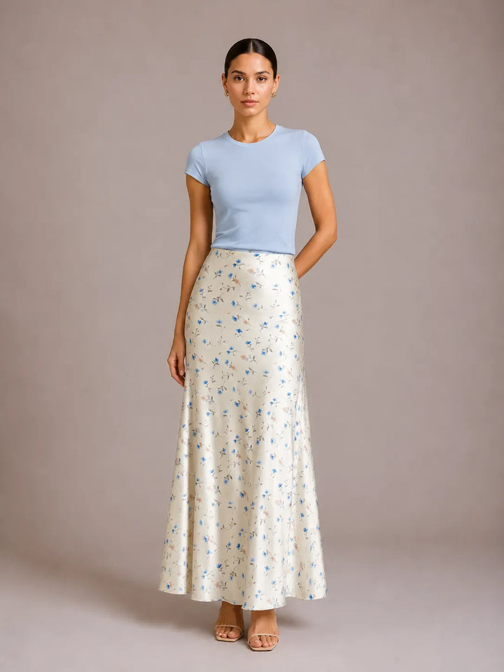 Base Ditsy Floral Print High Waist Satin Mermaid Midi Slip Skirt
