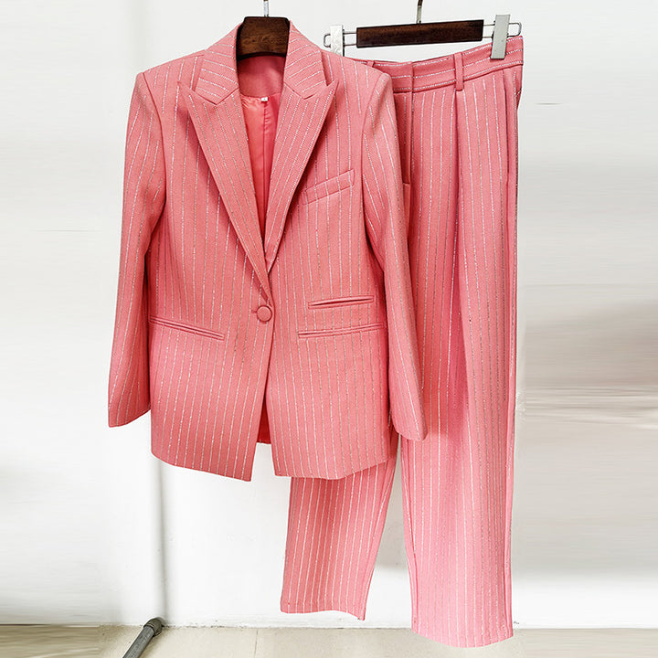 Glitter Vertical Stripe Single Button Blazer &amp; Straight Suit Pants 2-Piece Set