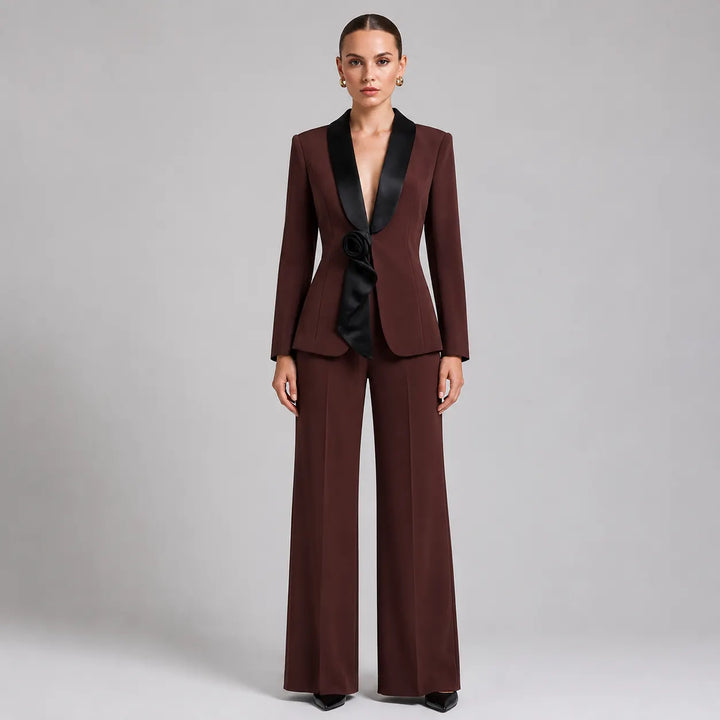 Satin Lapel 3D Floral Decor Blazer &amp; Wide Leg Floor Pants 2-Piece Suit Set