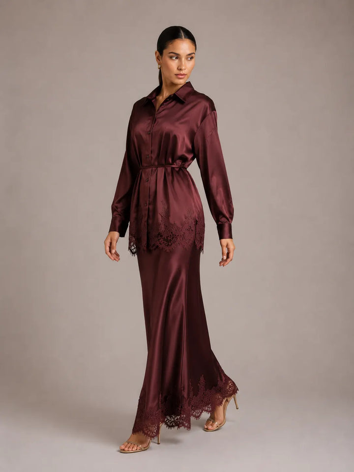 Gloss Satin Collared Lace Hem Shirt &amp; Maxi Skirt 2 Piece Matching Co-ord Set