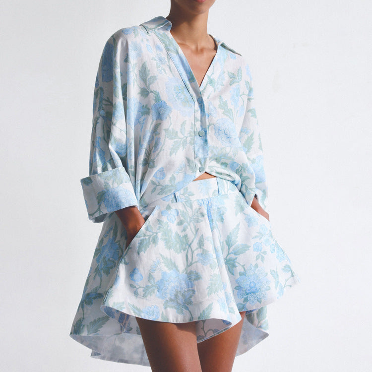 Women's Casual Wear Loose Long Shirt High Waist Shorts With Belt Two-piece Set