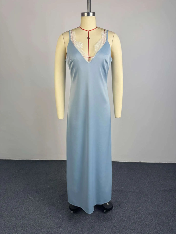 Lace Trim V-Neck Spaghetti Strap Maxi Slip Dress