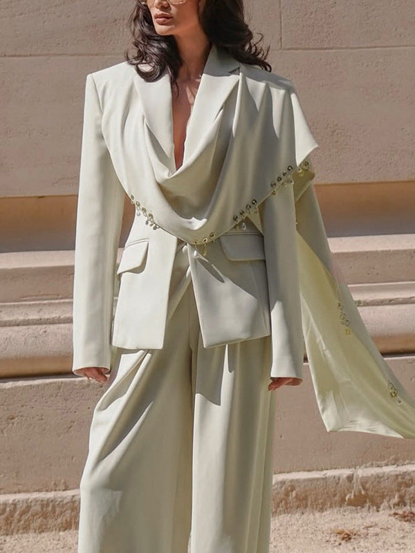 Waterfall Draped Pearl Crystal Bead Trim Asymmetrical Tailored Blazer
