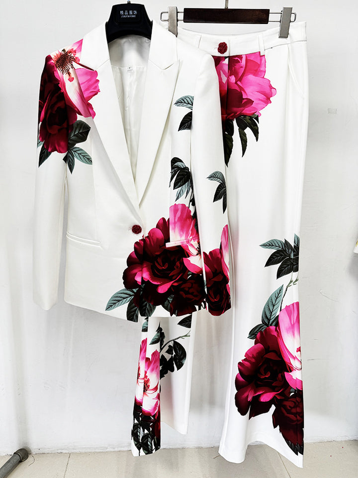 White Large Red Rose Floral Print Single Button Blazer &amp; Wide Leg Pants 2-Piece Suit Set