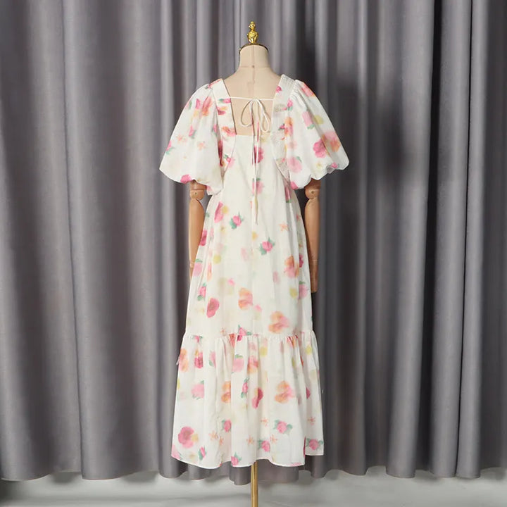 Watercolor Floral Smocked V-Neck Puff Sleeve Tiered Midi Dress