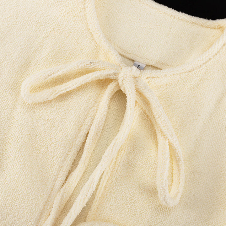 Terry Cloth Tie Front Short Sleeve Jacket &amp; Elastic Waist Casual Shorts 2-Piece Loungewear Set