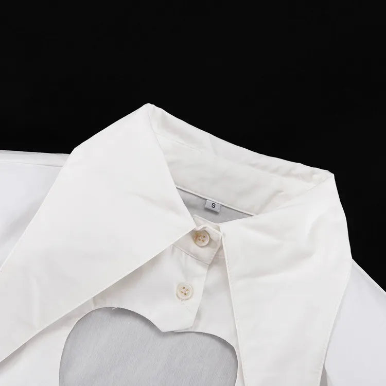 Pointed Collar Heart Cutout Long Sleeve Crop Shirt