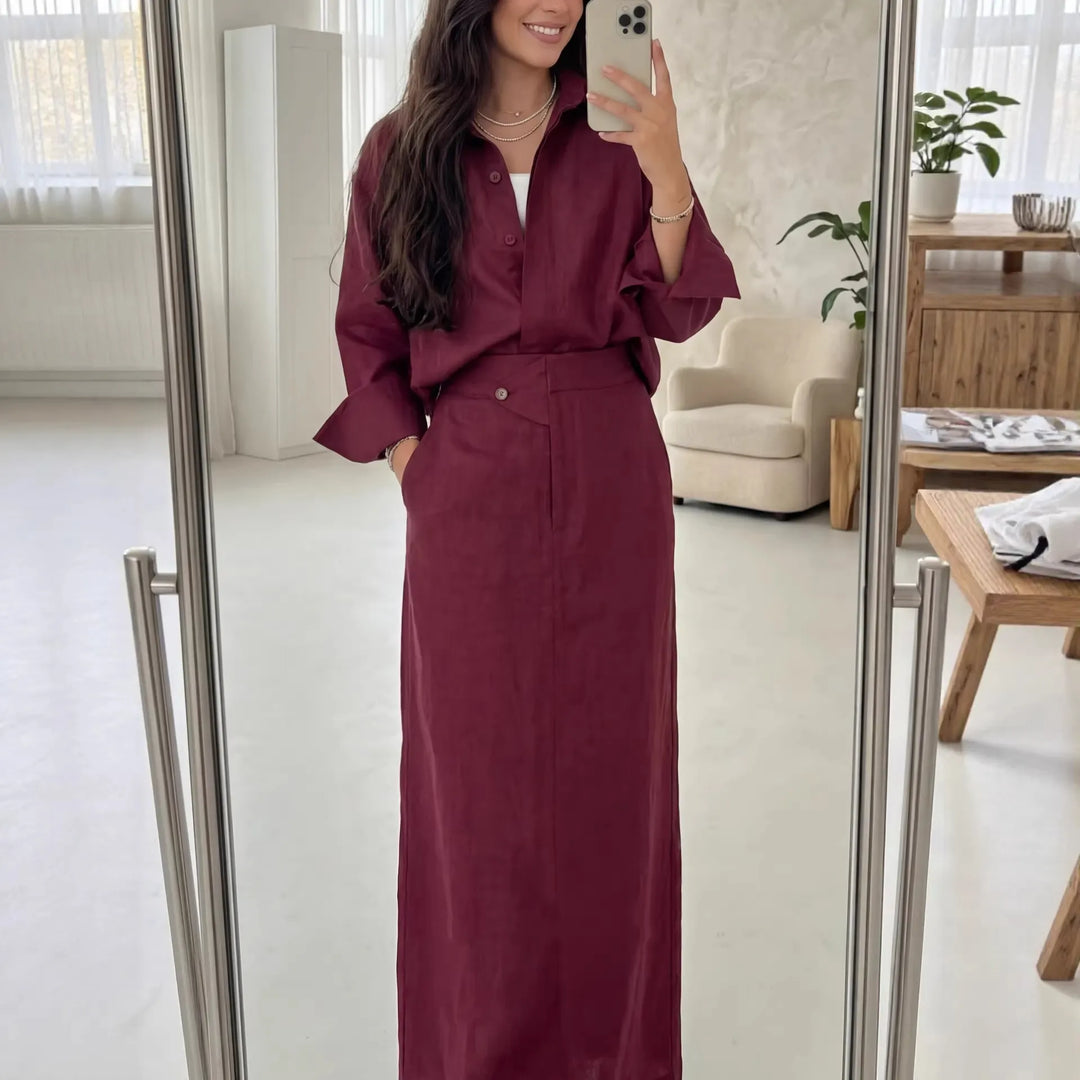 Fashionable Lapel Collar Loose-Fit Long-Sleeve Shirt And High-Waist Skirt Set