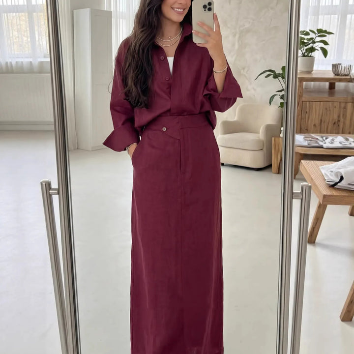 Fashionable Lapel Collar Loose-Fit Long-Sleeve Shirt And High-Waist Skirt Set