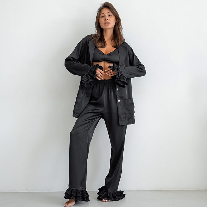Womens Three-piece Set Featuring A Ruffled Long-sleeve Top And Trousers