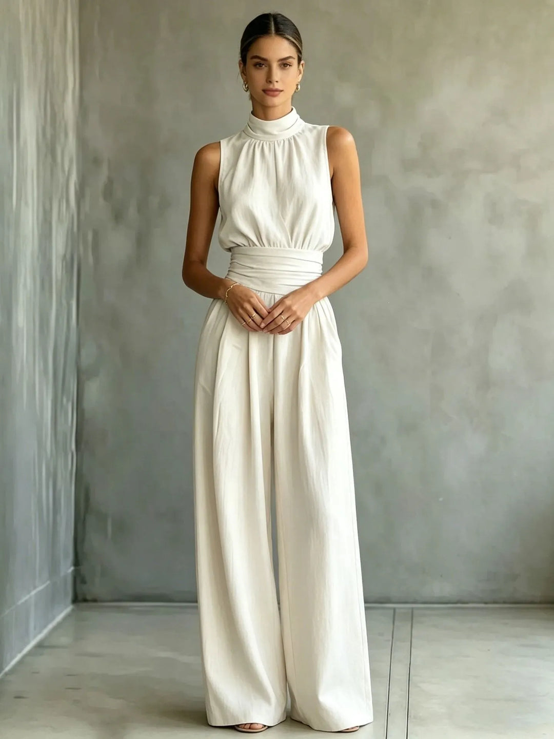 Sleeveless Mock-neck Solid-color Casual Wide-leg Jumpsuit