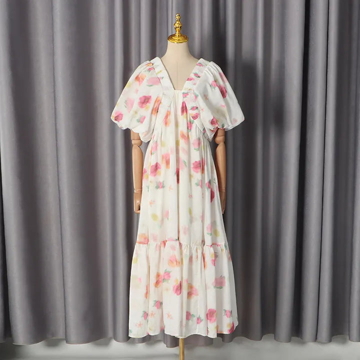 Watercolor Floral Smocked V-Neck Puff Sleeve Tiered Midi Dress