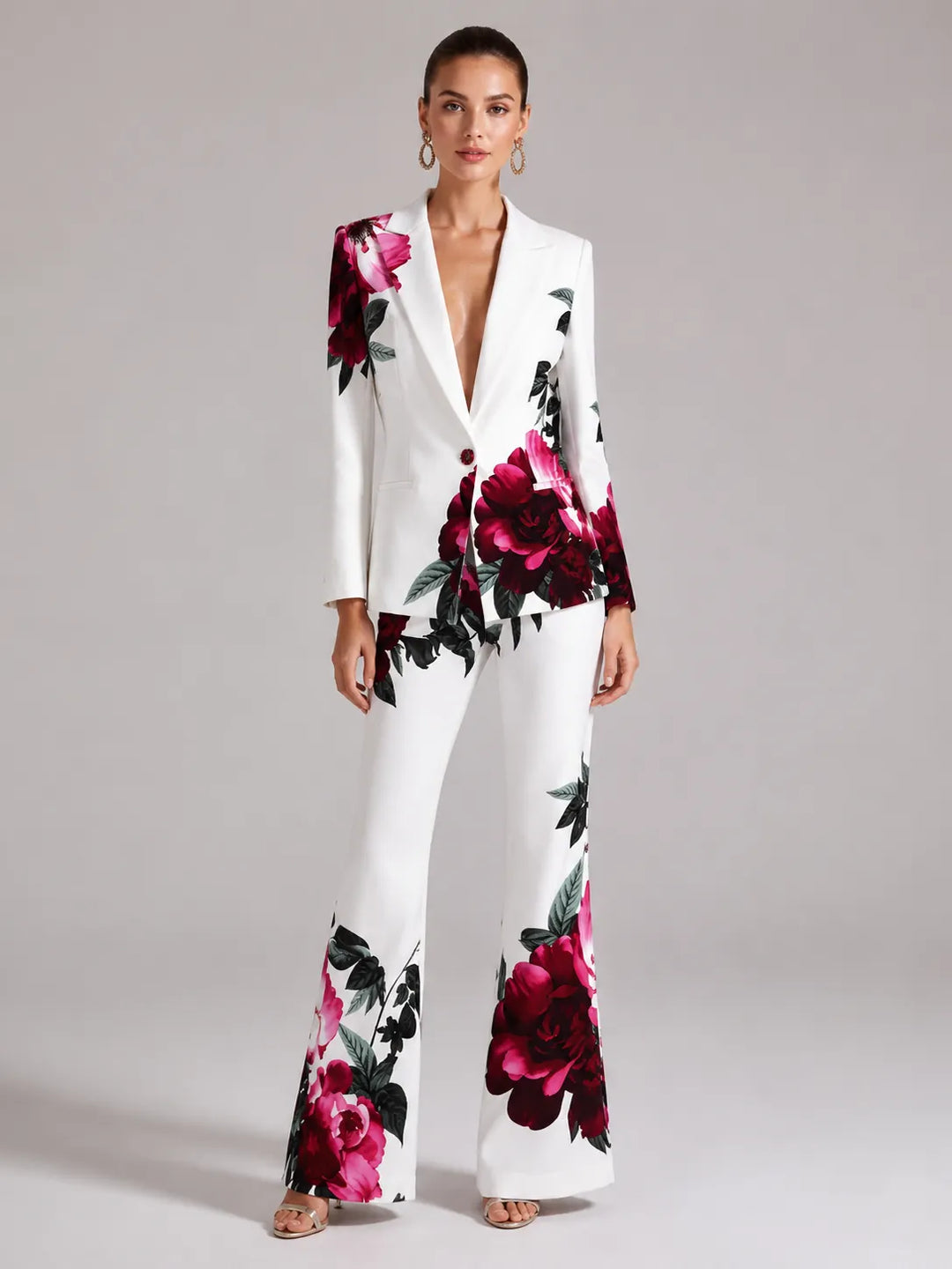 White Large Red Rose Floral Print Single Button Blazer &amp; Wide Leg Pants 2-Piece Suit Set
