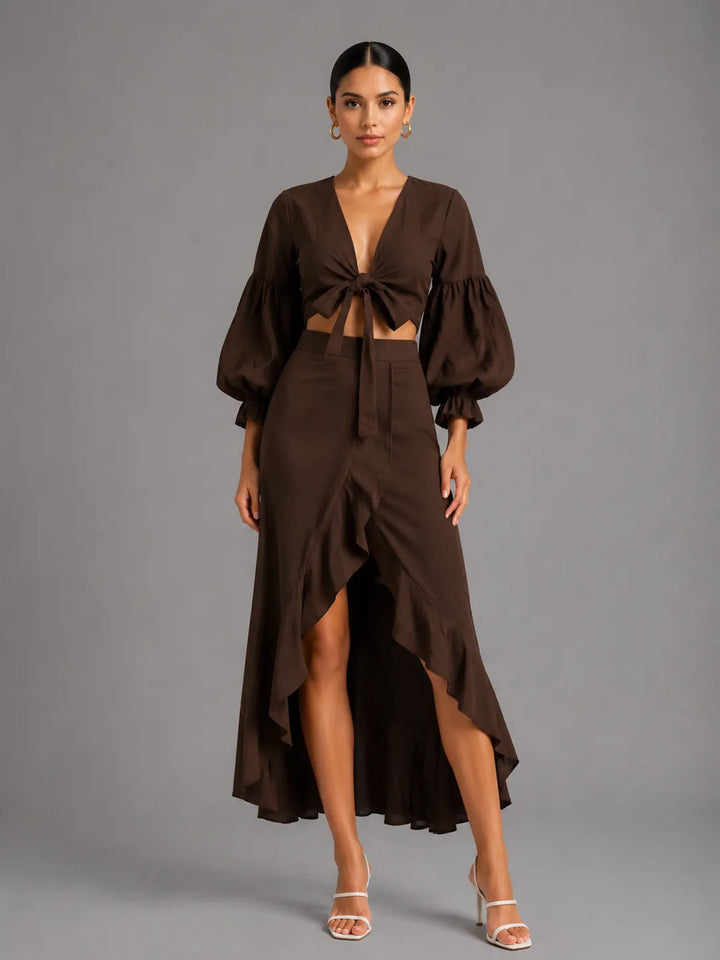 Front Tie Puff Sleeve Crop Top &amp; High Waist Split Ruffle Maxi Skirt 2-Piece Vacation Set