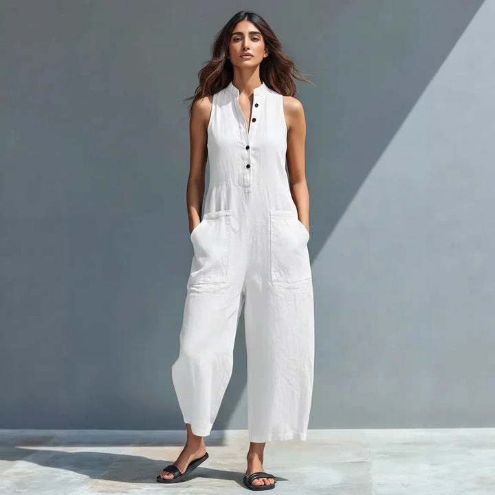 Button-front sleeveless loose-fit jumpsuit with a stand collar