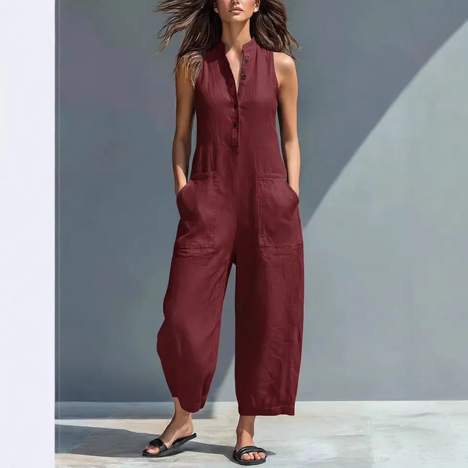 Button-front sleeveless loose-fit jumpsuit with a stand collar